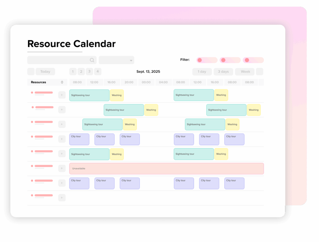 Resource calendar for tour operators
